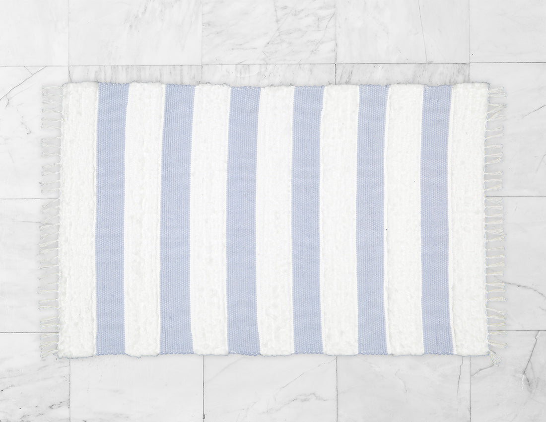Dhurrie and Fluffy Bands Blue and White Rug