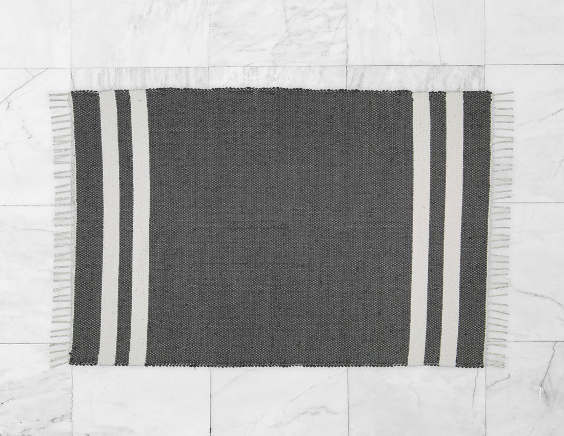 Cotton Dhurrie Charcoal with 2 White Stripes