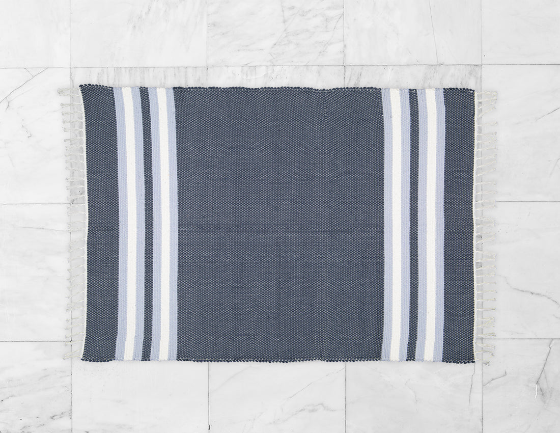Cotton Dhurrie Navy with Blue and White Stripes