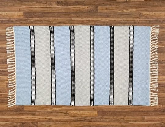 Blue and Grey with Black Stripes cotton Bedroom Rug