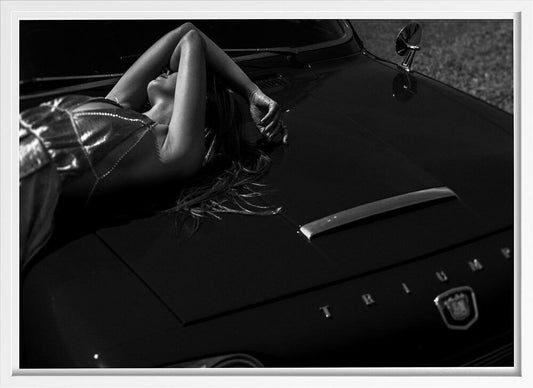 Woman Figure Laying on a Triumph Vintage Car Poster