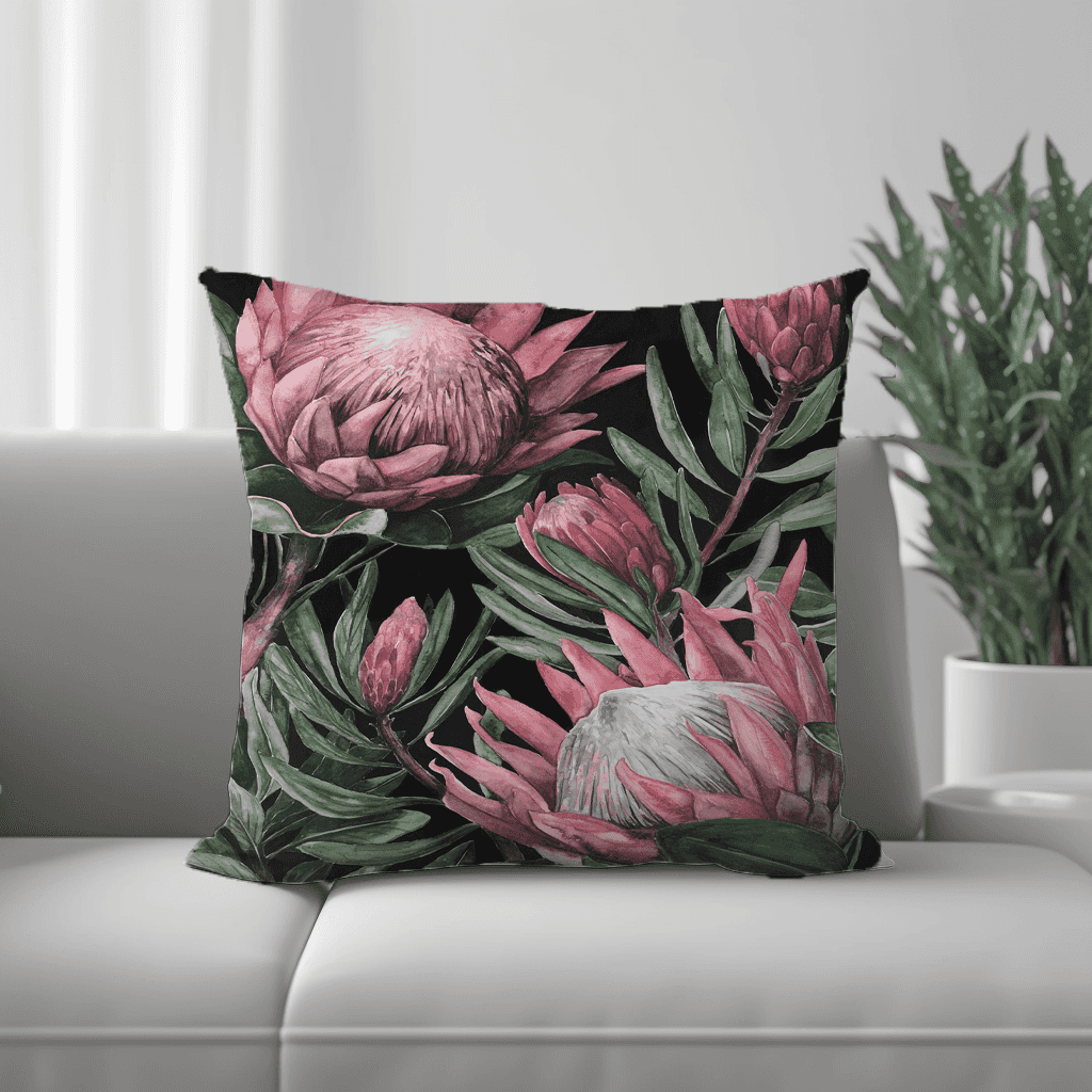Pink Protea on Black Background Scatter Cushion COVER