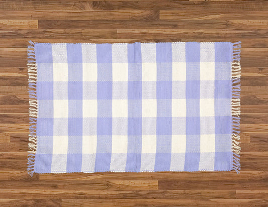 Dhurrie Tabby Natural and Perriwinkle Blue Checks