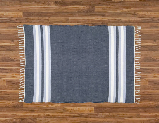 Cotton Dhurrie Navy with Blue and White Stripes