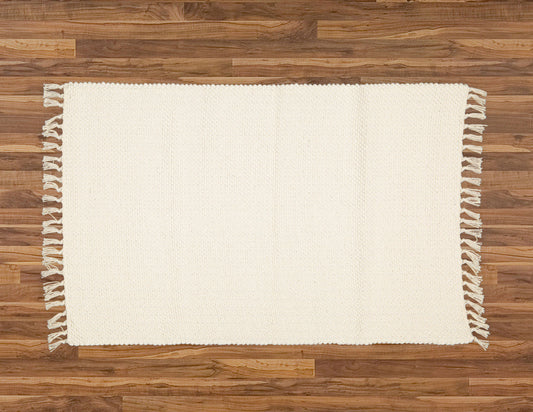 Cotton Dhurrie Rug Woven in a Hopsack Pattern, Natural.