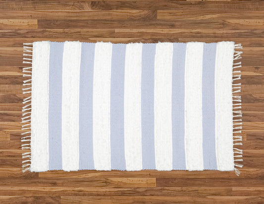 Dhurrie and Fluffy Bands Blue and White Rug