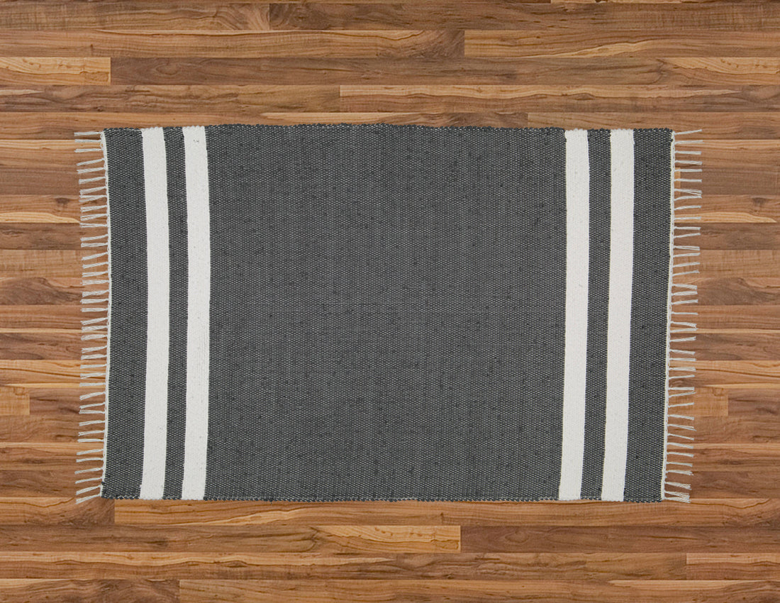 Cotton Dhurrie Charcoal with 2 White Stripes