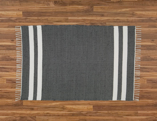 Cotton Dhurrie Charcoal with 2 White Stripes