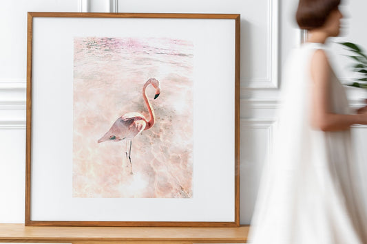 Watercolor painting pink flamingo poster |  N01