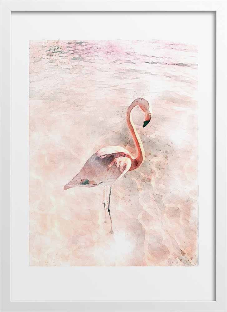 Watercolor painting pink flamingo poster | N01
