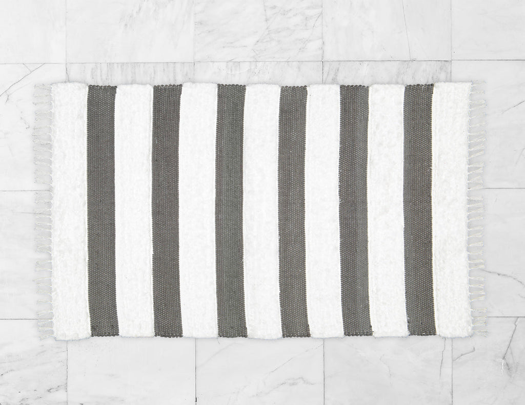 Dhurrie and Fluffy Bands Charcoal and White Rug