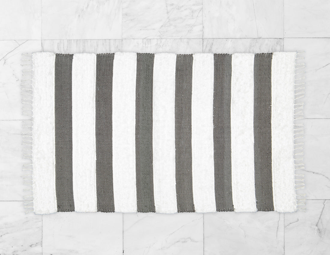 Dhurrie and Fluffy Bands Charcoal and White Rug