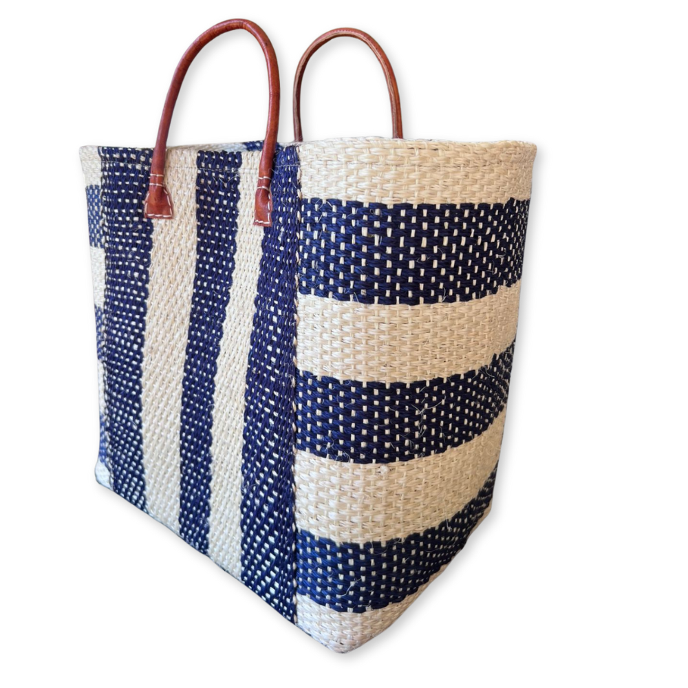 Stylish Broad Navy Stripe Sisal Basket Bag
