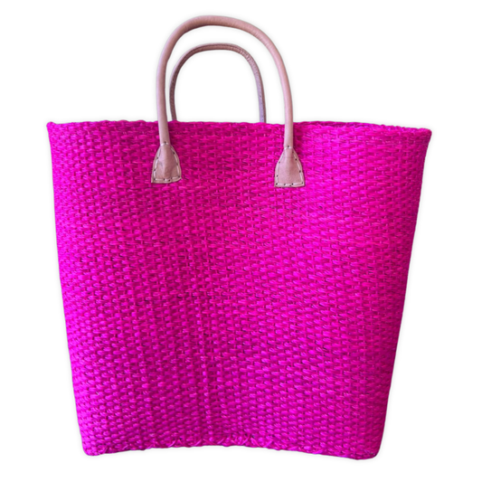 Vibrant Fuchsia Sisal Basket Bag with Leather Handles