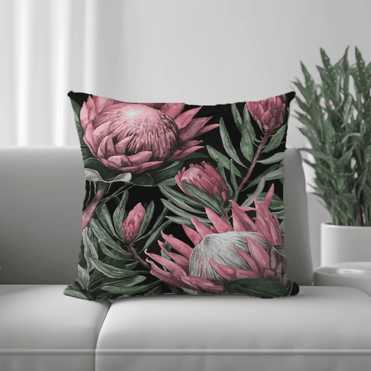 Pink Protea on Black Background Scatter Cushion COVER