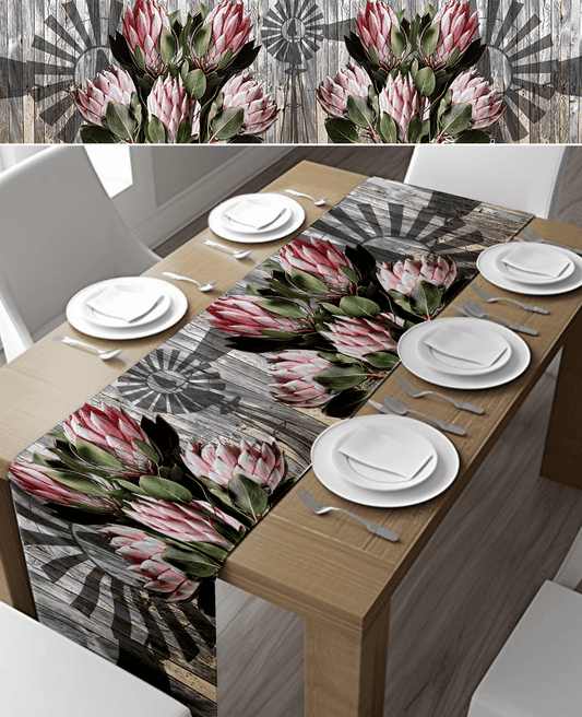 Proteas on wood with windpomp table runner