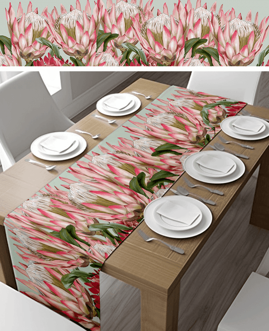Pink Proteas on light green background table runner