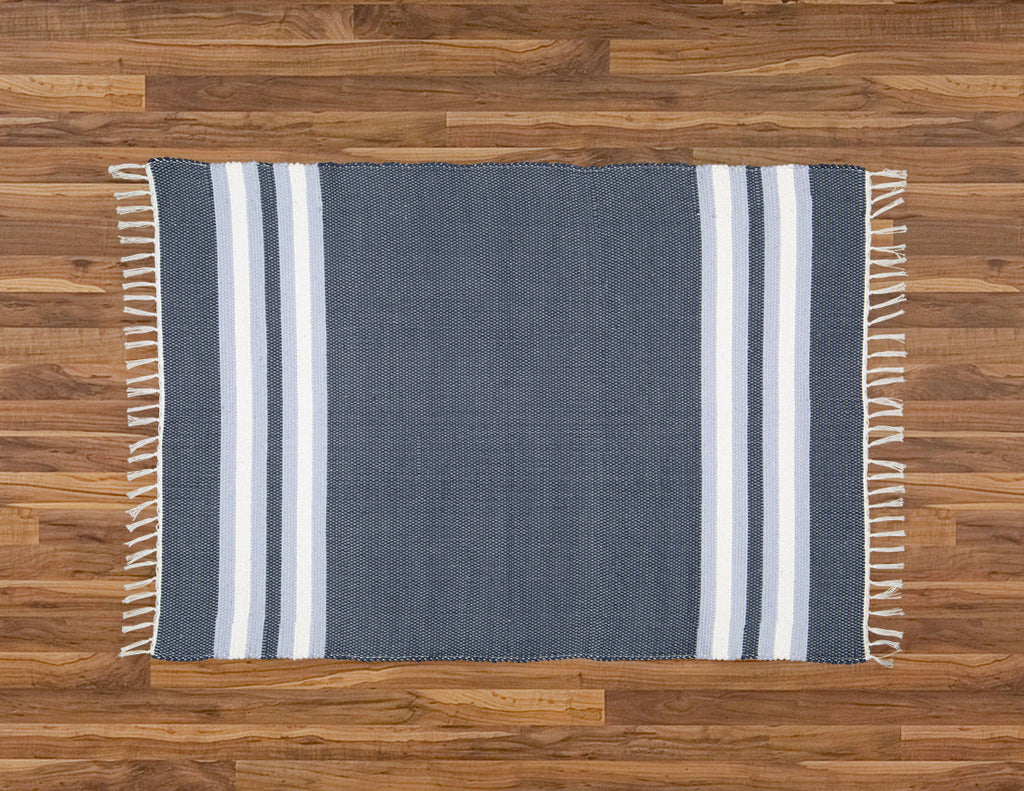 Cotton Dhurrie Navy with Blue and White Stripes