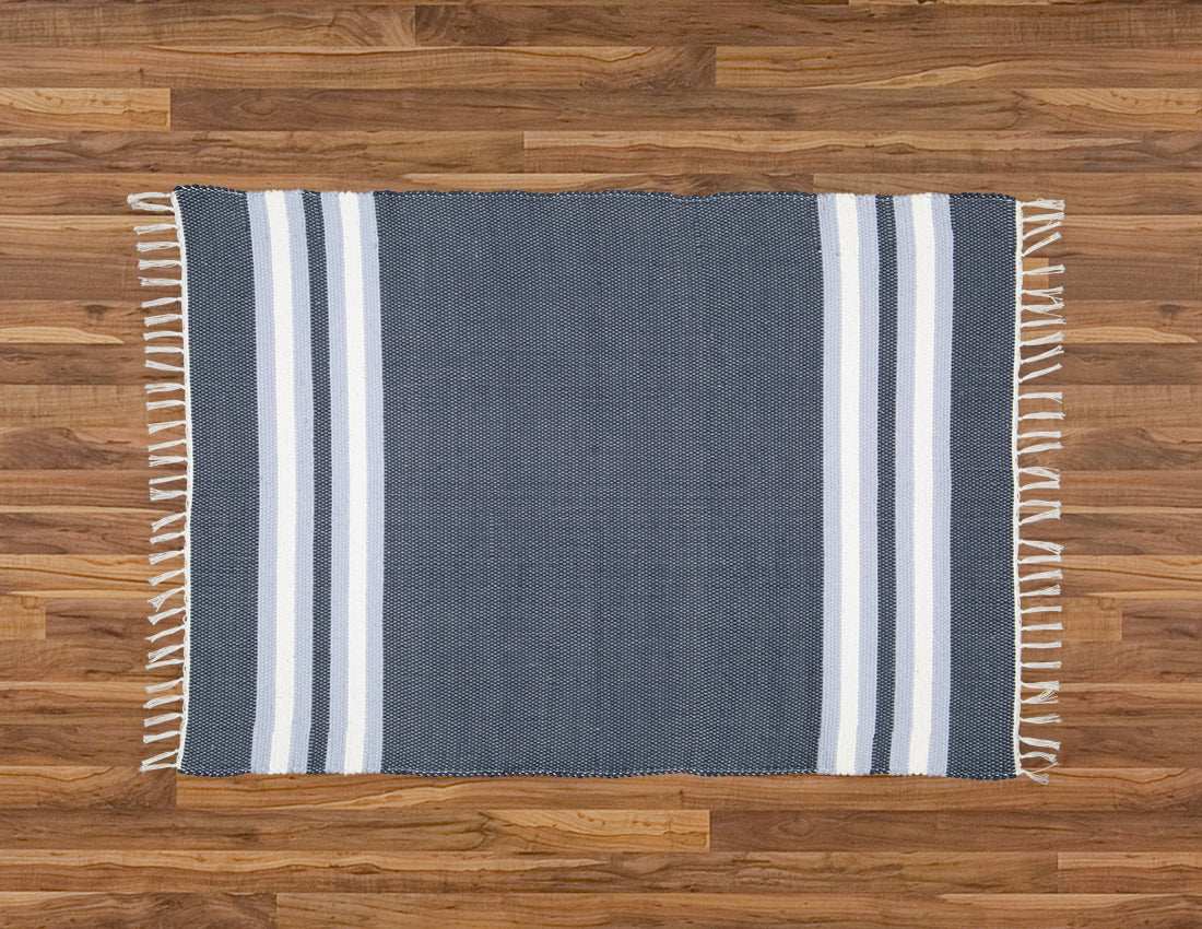 Cotton Dhurrie Navy with Blue and White Stripes