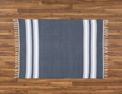 Cotton Dhurrie Navy with Blue and White Stripes