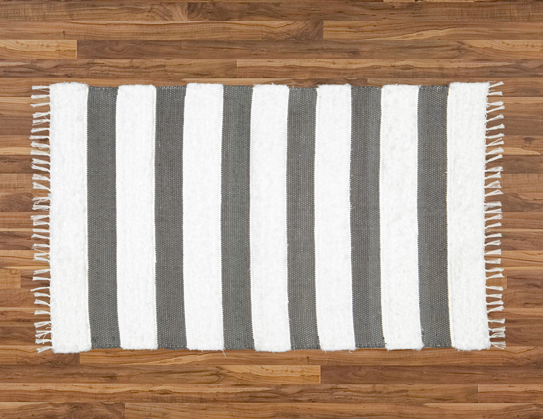 Dhurrie and Fluffy Bands Charcoal and White Rug