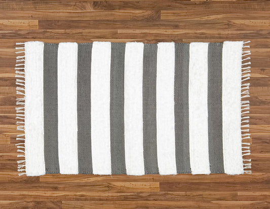 Dhurrie and Fluffy Bands Charcoal and White Rug