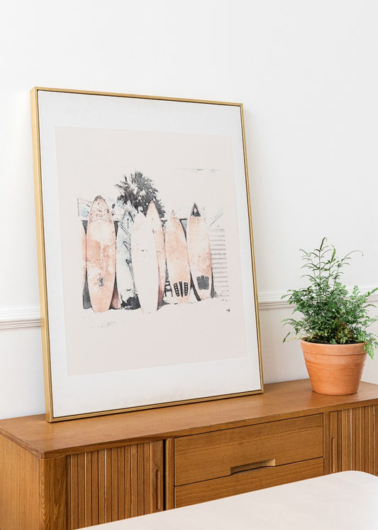 Watercolor minimalism boho styled surfboards on the beach poster |  N01