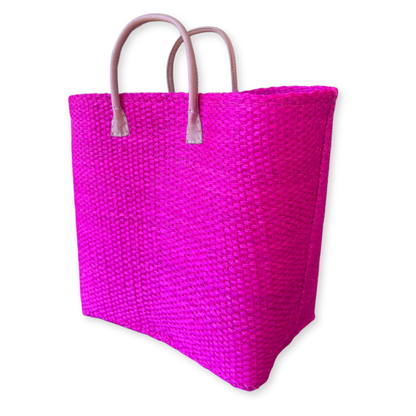 Vibrant Fuchsia Sisal Basket Bag with Leather Handles