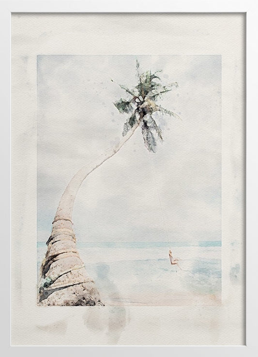 Watercolor painting at the beach and palm tree poster |  N01
