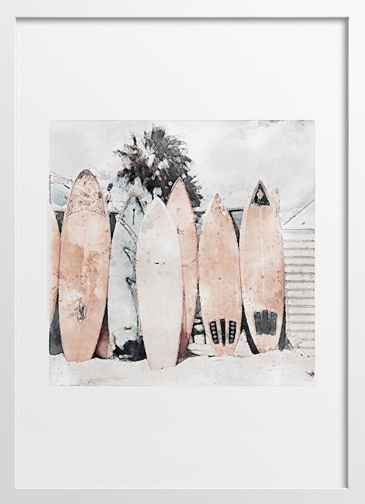 Watercolor minimalism boho styled surfboards on the beach poster |  N01